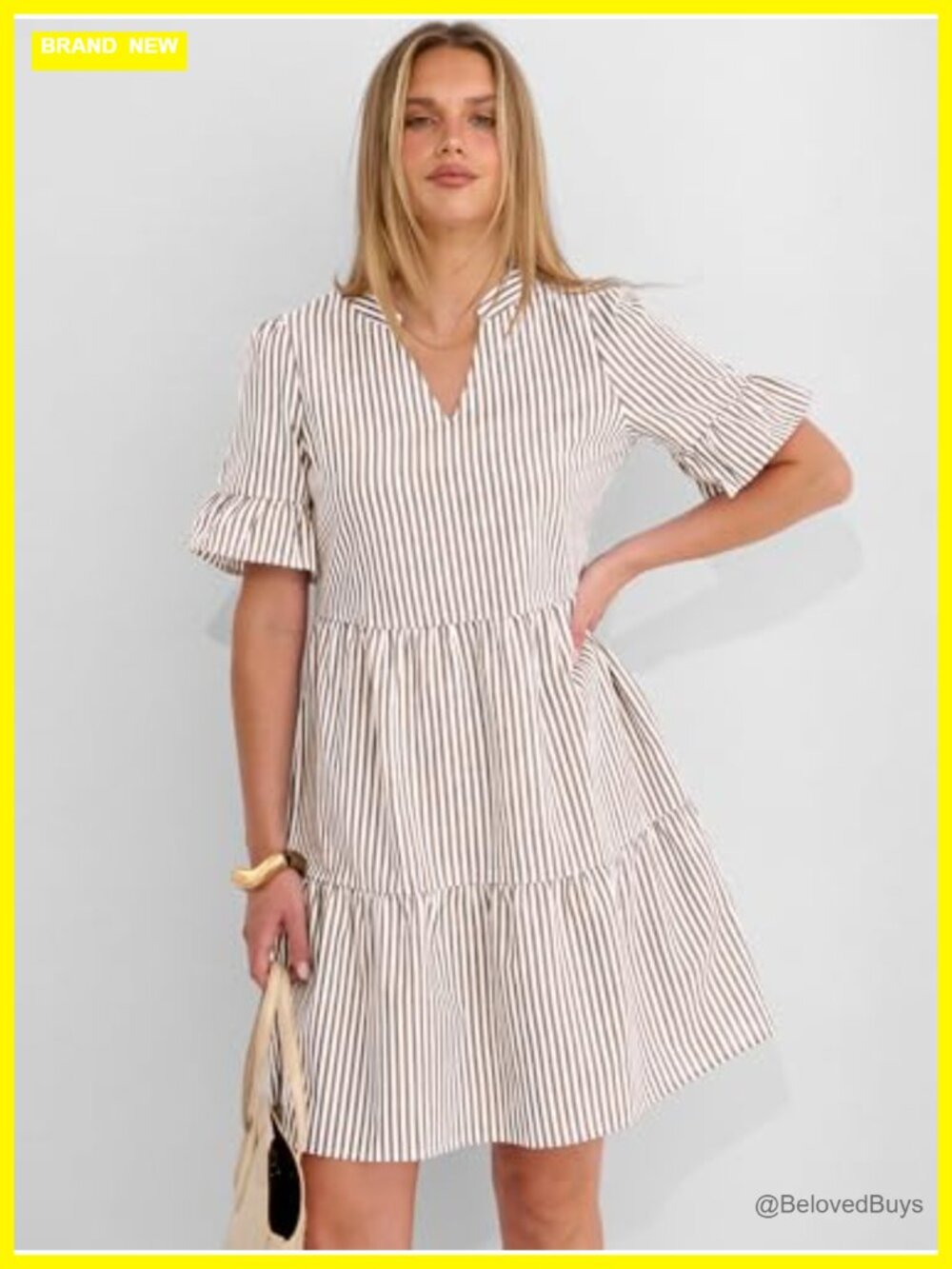 Striped V Neck Ruffle Sleeve A Line Tiered Flowy Mini Dress with Pockets - Picture 2 of 7